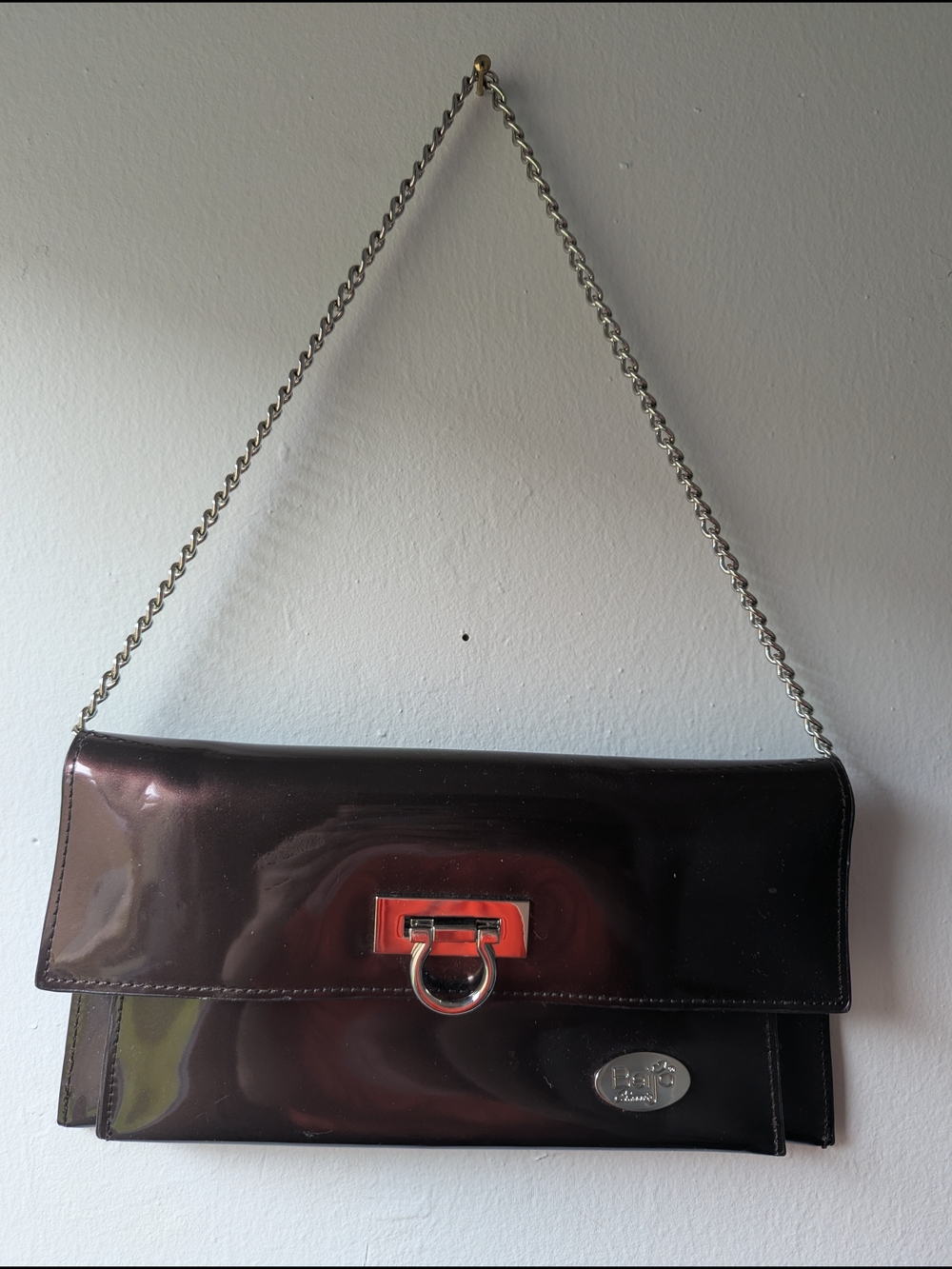 Beijo Glossy Patent Leather Chain Clutch in Dark Brown
